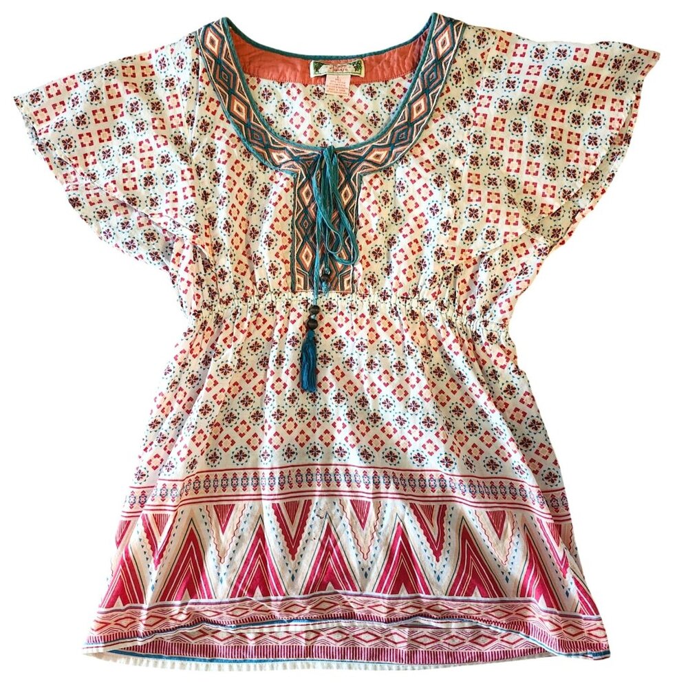 Womens Large Flying Tomato Boho Top Tassels Geometric Print Short Sleeve All Cot
